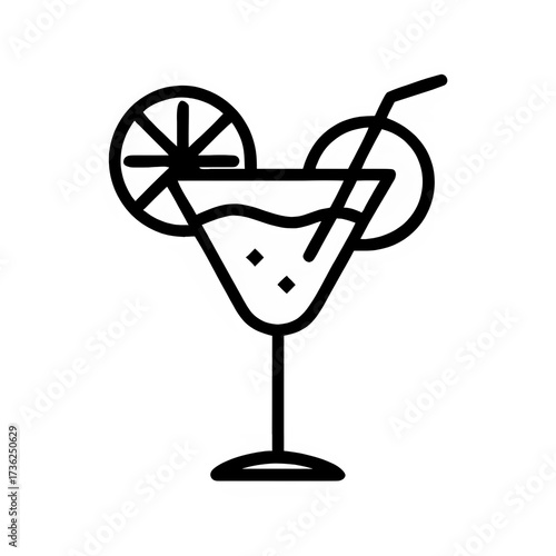 Refreshing Summer Cocktail A Simple Black and White Line Art Illustration of a Drink with Lemon