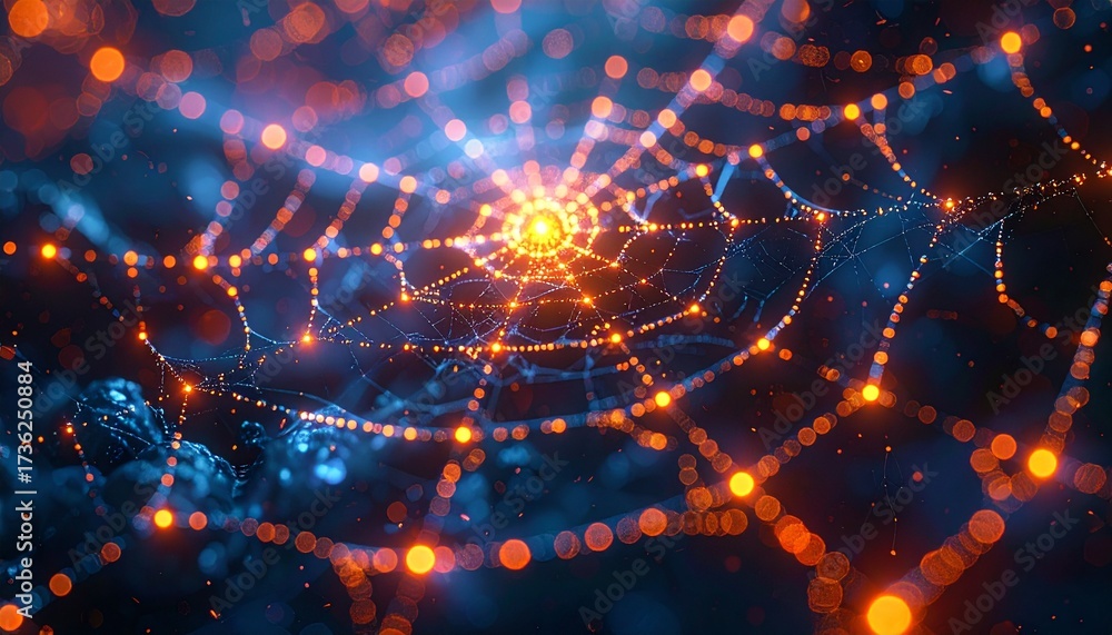 Obraz premium Intricate glowing spiderweb with beautiful light reflections and bokeh