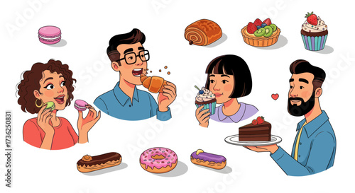 Cartoon People Enjoying Various Sweet Desserts and Pastries.