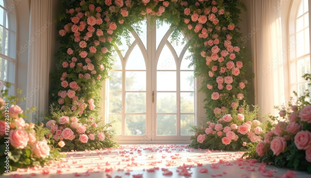 Fototapeta premium Pink roses and green foliage adorn an arched doorway with a large window behind. Rose petals scatter across the floor creating a romantic, celebratory ambiance. Soft light streams through the glass.