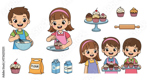 Cheerful children baking cupcakes and pastries with ingredients and tools.