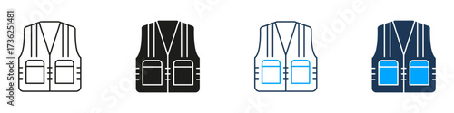 Safety Vest Line And Solid Icon Set. Protective Clothing With Pockets And Reflective Strips Symbol Collection. Industrial Workwear For Construction And Rescue Use. Isolated Vector Illustration