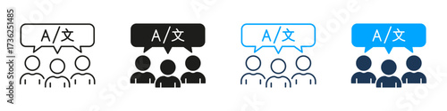 Group Translation Discussion Line And Solid Icon Set. People And Language Bubble For Team Communication, Multilingual Meetings, And Collaborative Interpretation. Isolated Vector Illustratio