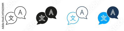 Speech Bubbles With Language Symbols Line And Solid Icon Set. Multilingual Communication And Translation Symbol Collection. Language Exchange And Global Interaction. Isolated Vector Illustration