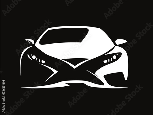A striking white sports car displayed against a black background. The car features a dynamic design highlighting its bold lines and aggressive stance, emphasizing speed.
