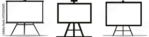 Three blank presentation boards stand side by side, showcasing various styles for meetings or classes. These boards are ideal for displaying information or ideas.