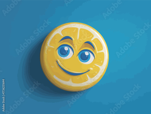 A playful yellow lemon character with a smiling face and bright blue eyes is set against a vivid blue background, creating a joyful atmosphere.