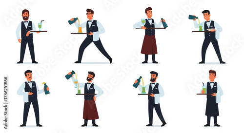 Cartoon waiter character set with professional restaurant staff in uniform holding trays with wine.