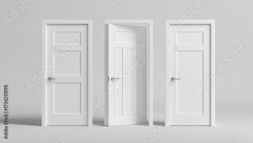 Wallpaper Mural Three simple white doors, one open, present a sense of choice and opportunity in a minimalist setting. Torontodigital.ca
