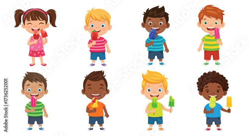 Diverse group of happy cartoon children enjoying colorful ice popsicles on a bright day.