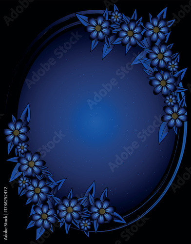 Mystical blue floral frame with night sky background