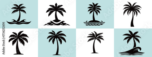 Various black silhouettes of palm trees are arranged on a light blue background, highlighting their unique shapes and forms.