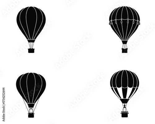 Four black silhouette hot air balloons isolated on white background with detailed basket and canopy designs
