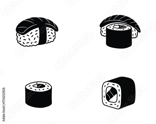 Four hand drawn black and white illustrations of various sushi rolls and nigiri on a white background
