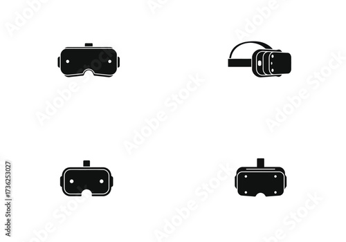 Collection of four simple black silhouette icons representing virtual reality vr headsets on a clean white background