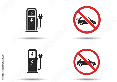 Two pairs of contrasting icons showing an electric car charging station and a no parking sign for electric vehicles