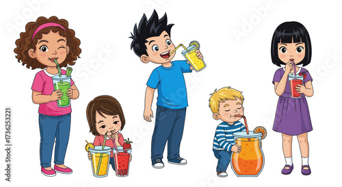 Diverse group of children enjoying colorful beverages from cups and bottles.
