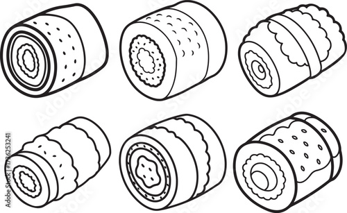 set of sushi roll line art, coloring book page line art drawing, vector and illustration