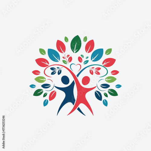 Vector art of elegant logo design showcasing two stylized figures united beneath a canopy of diverse leaves