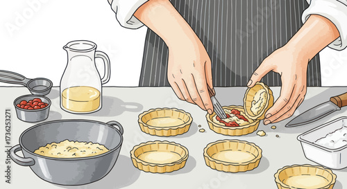 Chef Preparing Tartlets with Filling on Kitchen Counter.