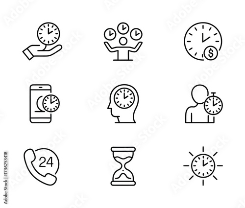 Time, Productivity, Hourglass, 24 Hour Support, Business Deadline, Efficiency Line Icons Set