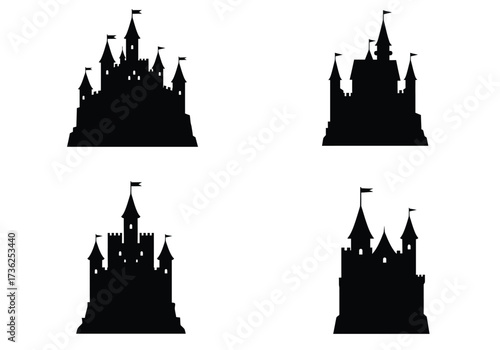 Collection of four distinct black silhouette fairytale castles with flags atop their towers on a white background