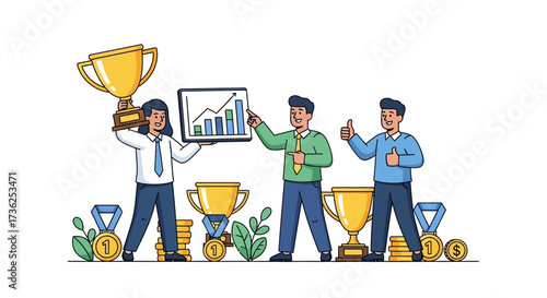 Celebrating Business Success Teamwork and Achievements with Gold Trophies