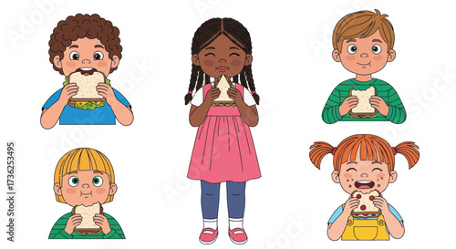 Happy Diverse Cartoon Children Eating Sandwiches Together.