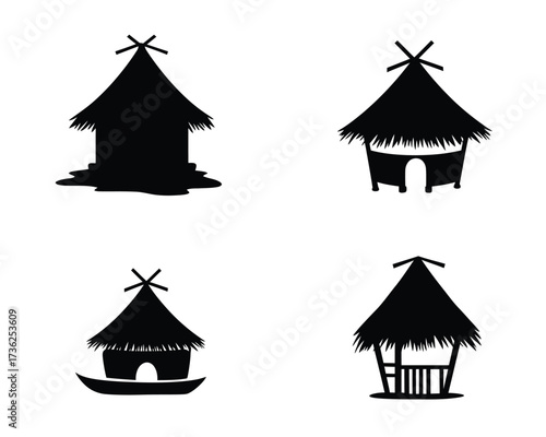Collection of four distinct silhouette illustrations of traditional thatched roof huts and shelters on a white background