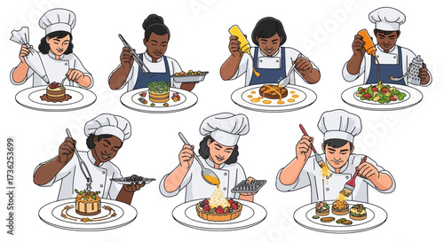 A collection of diverse professional chefs in uniform meticulously plating and decorating gourmet food.