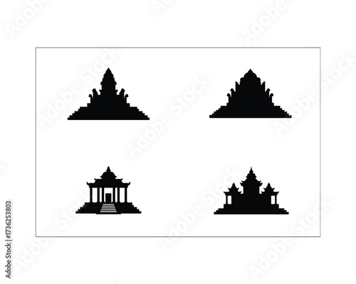 Collection of four distinct black silhouette architectural building designs representing ancient temples and palaces with intricate details and grand structures isolated on a white background