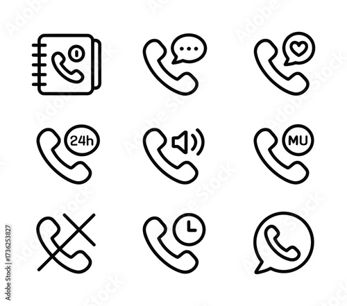 Phonebook, Call Service, Chat, 24 Hour Hotline, Block Call Line Icons Set
