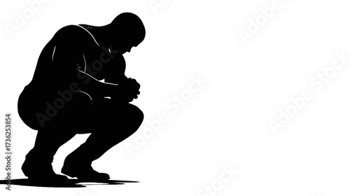 Melancholy man silhouette. Isolated male figure in a crouched pose, head down, conveying deep thought, sorrow, and contemplation.