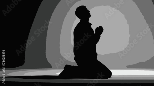 Dramatic black and white silhouette of a man kneeling in deep prayer or contemplation, expressing devotion, hope, and spirituality.