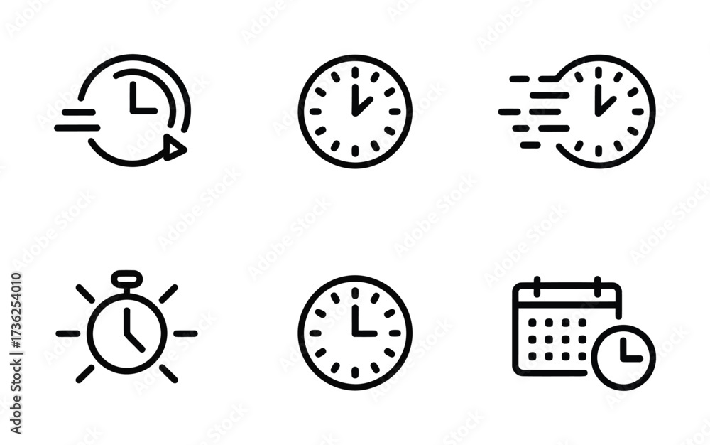 Fototapeta premium Clock, Stopwatch, Fast Time, Schedule, Calendar, Time Tracking Line Icons Set
