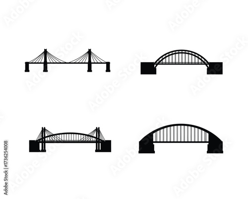 Collection of four distinct bridge silhouettes featuring cable stayed arch and truss designs against a white background