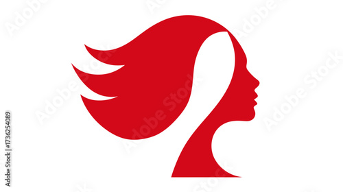 Stylized vector illustration of a woman's head in profile with dynamic, flowing red hair. Elegant feminine beauty silhouette icon.