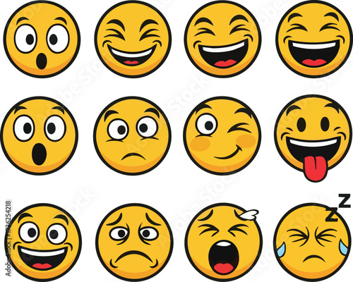 A vibrant collection of twelve yellow cartoon emoji faces illustrating a wide spectrum of human emotions and expressions.