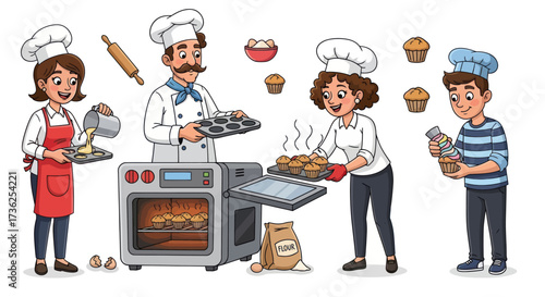 Set of diverse cartoon chef characters baking muffins with an oven and kitchen equipment.