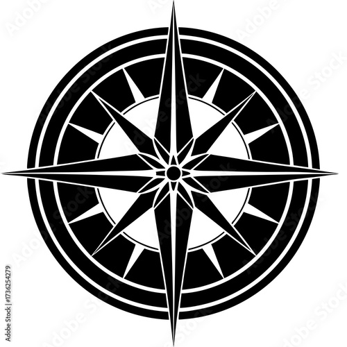 A minimalist black silhouette of a compass rose icon clearly indicating the north direction with a distinct marker perfect for navigation and exploration themes