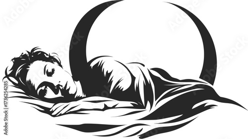 Peaceful sleeping woman on a crescent moon, serene night dream illustration. Concept of rest, comfort, relaxation, and tranquility.