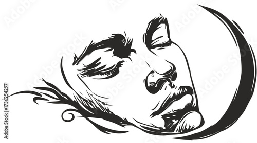 Peaceful dream illustration of a woman's serene face with closed eyes, crescent moon, and decorative elements in black and white sketch style.
