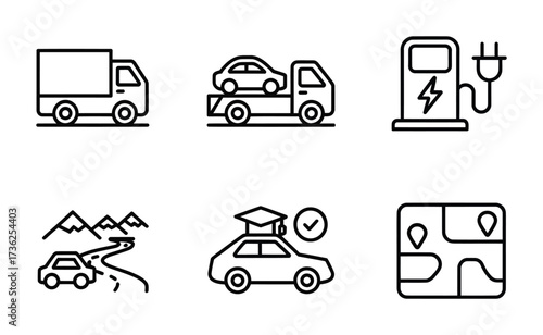 Transport, Road Trip, Electric Vehicle, Tow Truck, Car Insurance, Navigation Map Line Icons Set