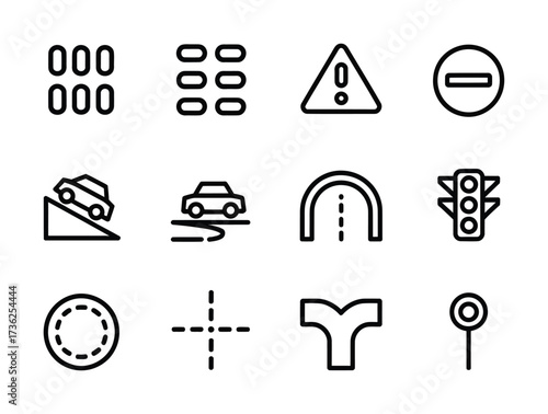 Traffic Signs & Road Safety Line Icons - Stop Sign, Warning Triangle, Traffic Light, Speed Bump, Roundabout, Lane Markings for Driving Apps, Education & Smart City UI