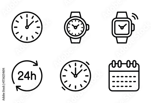 Time Management & Smart Watch Line Icons - Clock, Wristwatch, Smartwatch, 24h Cycle, Calendar for Productivity Apps, Wearables & Scheduling UI