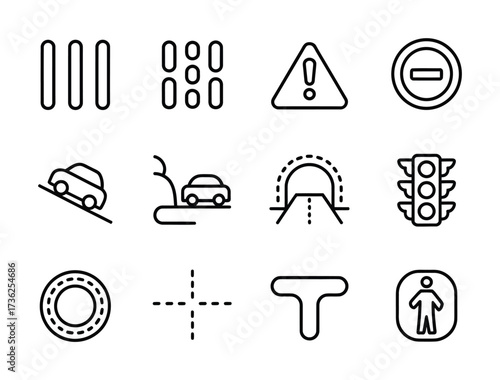 Traffic Control & Road Safety Line Icons - Stop Sign, Warning Triangle, Traffic Light, Pedestrian Crossing, Speed Bump, Lane Markings for Driving Apps, Education & Smart City UI