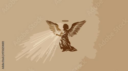 Vintage Sepia Illustration of an Ethereal Angel with Glowing Wings and a Halo, Emitting Divine Light, Spiritual Celestial Art