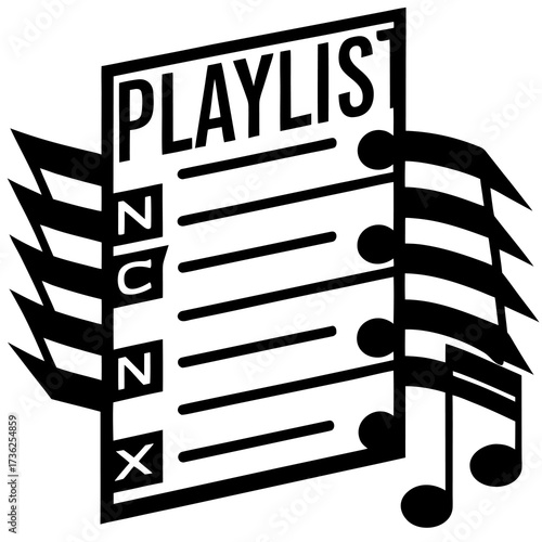 A clean and modern icon representing a music playlist featuring a list structure adorned with musical notes perfect for digital media and entertainment applications