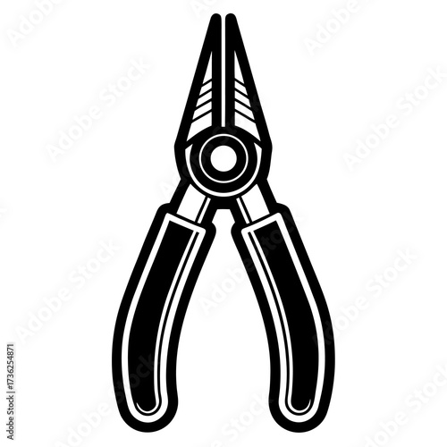 Clean line art icon of needle nose pliers a versatile tool for precision gripping crafting and electronics presented as a single graphic element