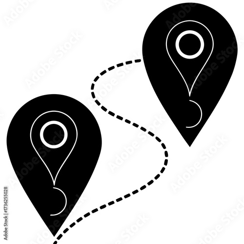 Abstract black silhouette of a winding path or route with two distinct pinpoint markers representing a journey or destination suitable for navigation and travel concepts